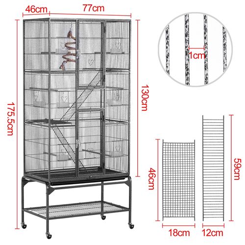 Cage à Oiseaux En Métal Hauteur De 175 Cm Avec Toit Volière Avec Accessoires Et Roulettes, Noir
