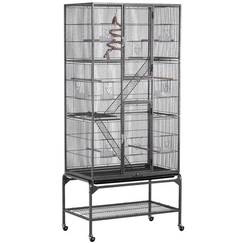 Cage à Oiseaux En Métal Hauteur De 175 Cm Avec Toit Volière Avec Accessoires Et Roulettes, Noir