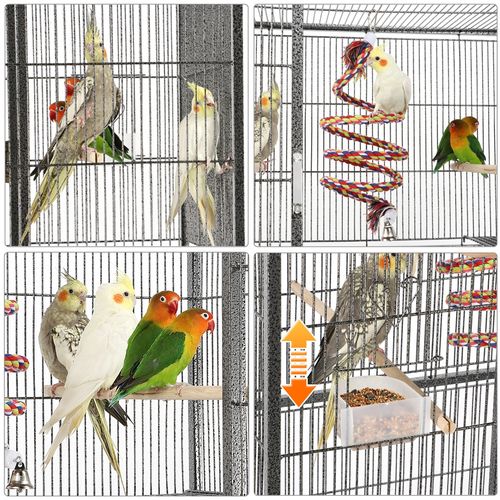 Cage à Oiseaux En Métal Hauteur De 175 Cm Avec Toit Volière Avec Accessoires Et Roulettes, Noir