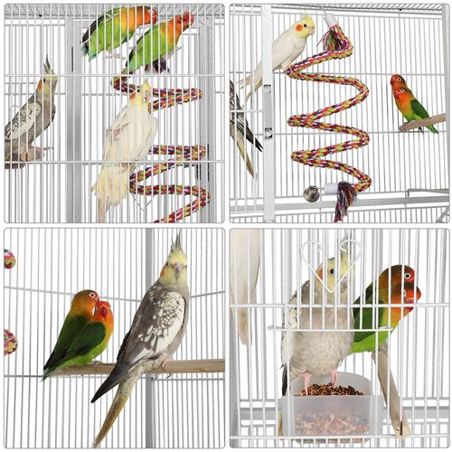Cage à Oiseaux En Métal Hauteur De 175 Cm Avec Toit Volière Avec Accessoires Et Roulettes, Blanc