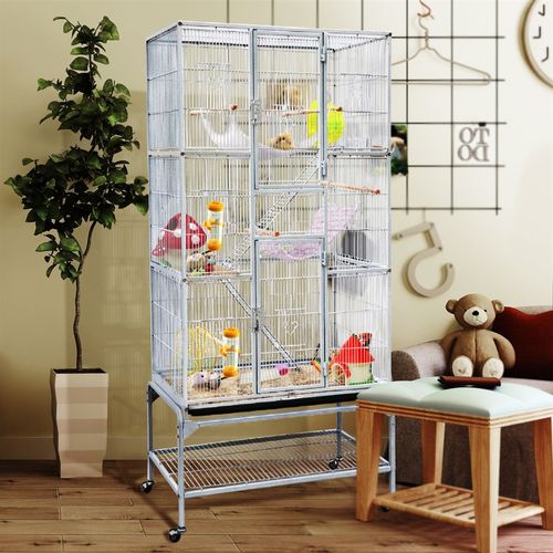 Cage à Oiseaux En Métal Hauteur De 175 Cm Avec Toit Volière Avec Accessoires Et Roulettes, Blanc
