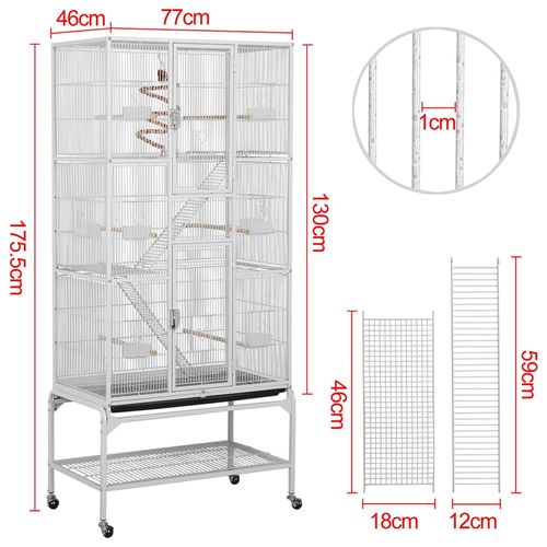 Cage à Oiseaux En Métal Hauteur De 175 Cm Avec Toit Volière Avec Accessoires Et Roulettes, Blanc