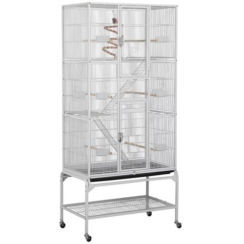 Cage à Oiseaux En Métal Hauteur De 175 Cm Avec Toit Volière Avec Accessoires Et Roulettes, Blanc