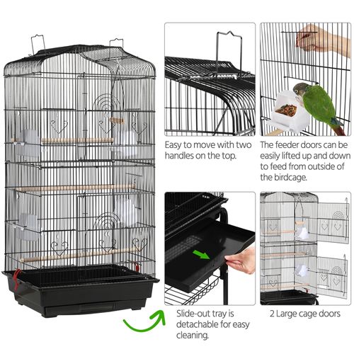 Cage à Oiseaux Sur Pied En Métal Avec Toit Ouvert, Plateau Coulissant Et 4 Mangeoires, Noir