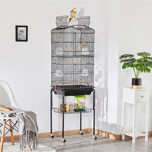 Cage à Oiseaux Sur Pied En Métal Avec Toit Ouvert, Plateau Coulissant Et 4 Mangeoires, Noir