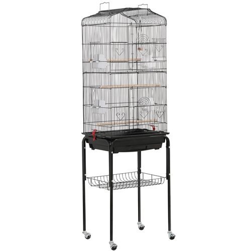 Cage à Oiseaux Sur Pied En Métal Avec Toit Ouvert, Plateau Coulissant Et 4 Mangeoires, Noir