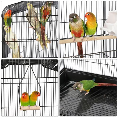 Cage à Oiseaux Sur Pied En Métal Avec Toit Ouvert, Plateau Coulissant Et 4 Mangeoires, Noir