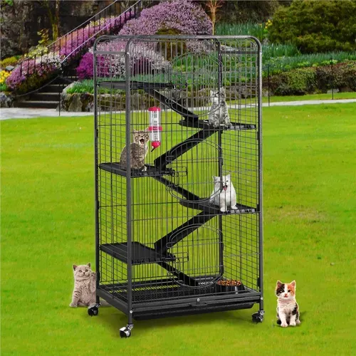 Cage Pour Petits Animaux à Roulettes Avec 5 Rampes, 5 Plateformes Et 3 Portes, Noir