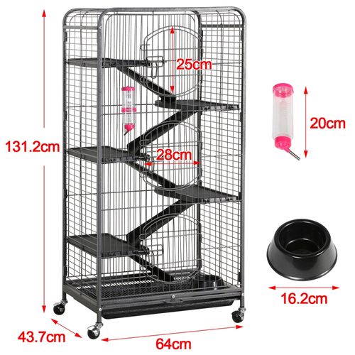 Cage Pour Petits Animaux à Roulettes Avec 5 Rampes, 5 Plateformes Et 3 Portes, Noir