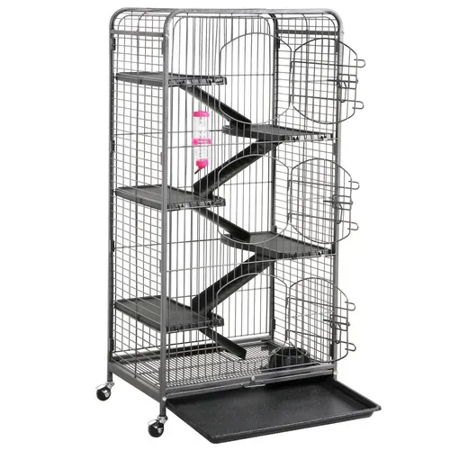 Cage Pour Petits Animaux à Roulettes Avec 5 Rampes, 5 Plateformes Et 3 Portes, Noir