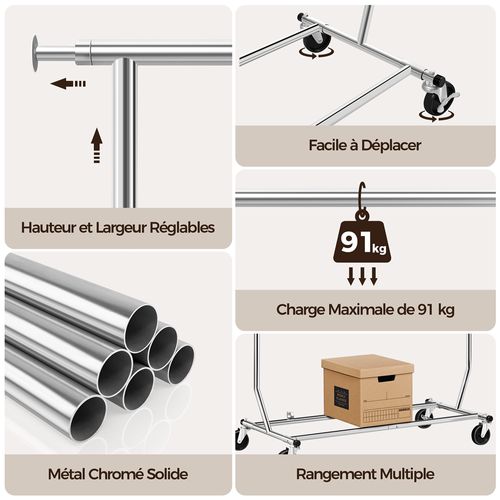 Portant à Vêtements à Roulettes En Métal Chromé Avec Tubes Télescopiques Extensibles, Argent