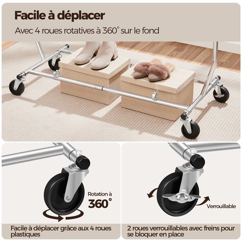 Portant à Vêtements à Roulettes En Métal Chromé Avec Tubes Télescopiques Extensibles, Argent