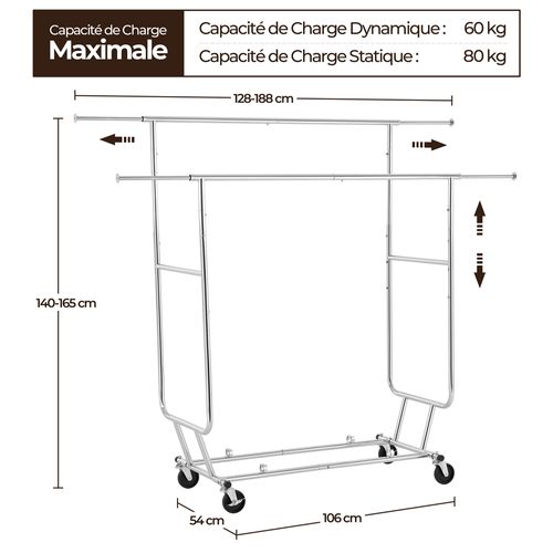 Portant à Vêtements à Roulettes En Métal Chromé Avec Hauteur Et Largeur Réglables, Argenté