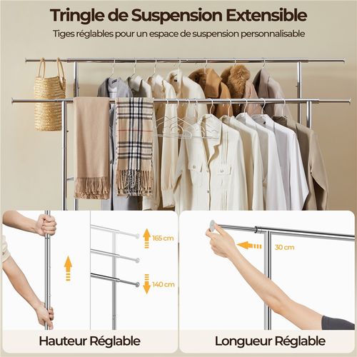 Portant à Vêtements à Roulettes En Métal Chromé Avec Hauteur Et Largeur Réglables, Argenté