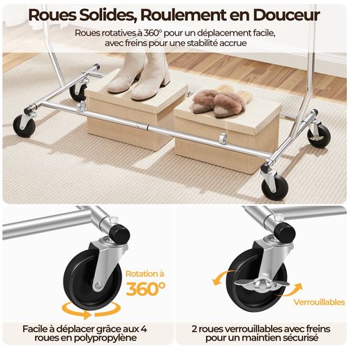 Portant à Vêtements à Roulettes En Métal Chromé Avec Hauteur Et Largeur Réglables, Argenté