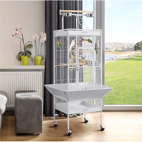 Cage à Oiseaux Sur Pied En Métal Avec Toit Perchoir Cage Pour Perruches à Roulettes, Blanc