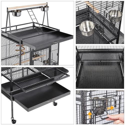 Cage à Oiseaux En Métal Avec Roulettes, Mangeoires, Perchoirs Et Corde Élastique, Noir