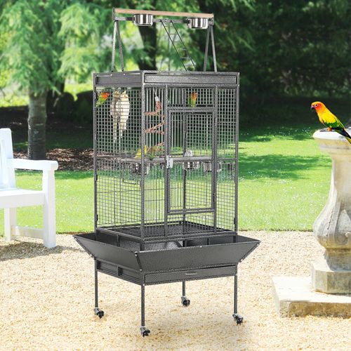 Cage à Oiseaux En Métal Avec Roulettes, Mangeoires, Perchoirs Et Corde Élastique, Noir