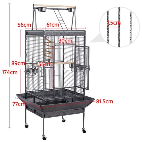 Cage à Oiseaux En Métal Avec Roulettes, Mangeoires, Perchoirs Et Corde Élastique, Noir