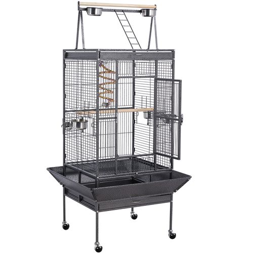 Cage à Oiseaux En Métal Avec Roulettes, Mangeoires, Perchoirs Et Corde Élastique, Noir