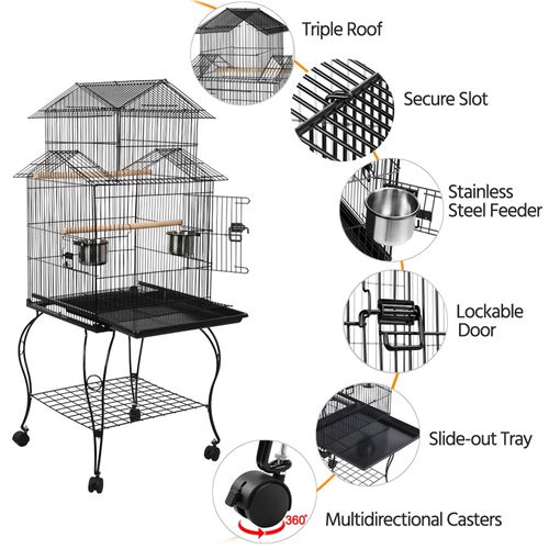 Cage à Oiseaux à Trois Toits En Métal Avec Support Amovible Pour Perroquets, Pinsons, Noir
