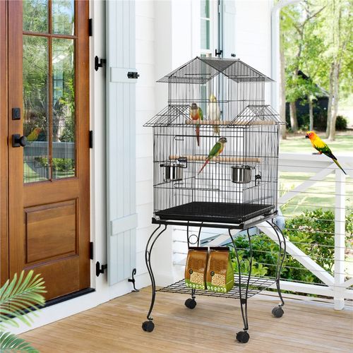 Cage à Oiseaux à Trois Toits En Métal Avec Support Amovible Pour Perroquets, Pinsons, Noir