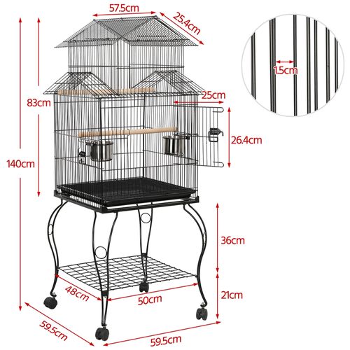 Cage à Oiseaux à Trois Toits En Métal Avec Support Amovible Pour Perroquets, Pinsons, Noir