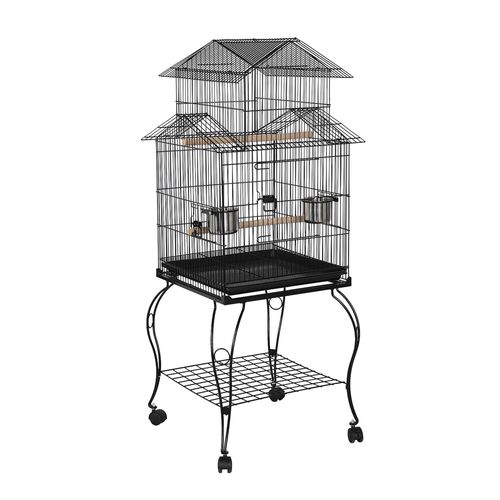 Cage à Oiseaux à Trois Toits En Métal Avec Support Amovible Pour Perroquets, Pinsons, Noir