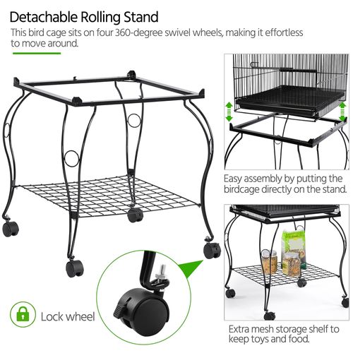 Cage à Perroquet En Métal à Toit Ouvert Avec Roulettes, Perchoirs Et Plateau Coulissant, Noir