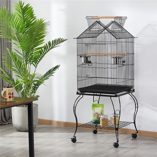 Cage à Perroquet En Métal à Toit Ouvert Avec Roulettes, Perchoirs Et Plateau Coulissant, Noir