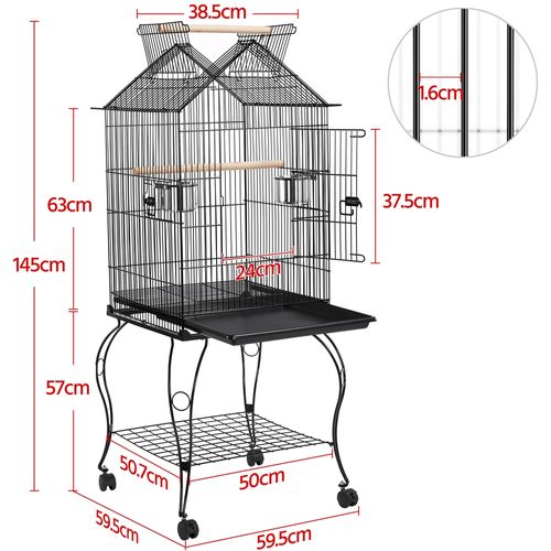 Cage à Perroquet En Métal à Toit Ouvert Avec Roulettes, Perchoirs Et Plateau Coulissant, Noir