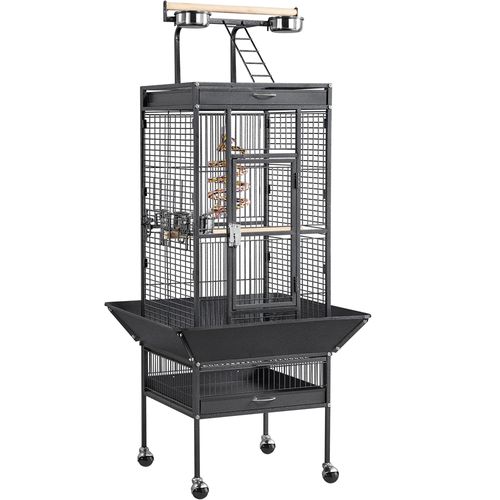 Cage à Oiseaux Sur Pied En Métal Avec Toit Perchoir Cage Pour Perruches à Roulettes, Noir