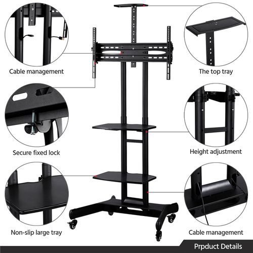 Support TV Mobile Hauteur Réglable Et Inclinable Support Écran 80 à 178 Cm à Roulettes, Noir