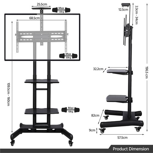 Support TV Mobile Hauteur Réglable Et Inclinable Support Écran 80 à 178 Cm à Roulettes, Noir