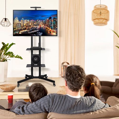 Support TV Sur Pied à Roulettes Avec Freins Système De Gestion Des Câbles 3 Tablettes, Noir