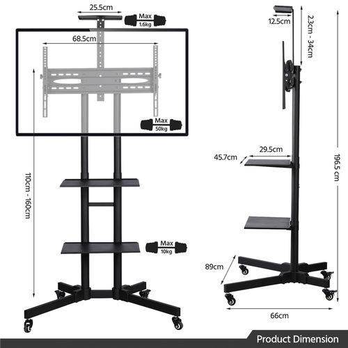 Support TV Sur Pied à Roulettes Avec Freins Système De Gestion Des Câbles 3 Tablettes, Noir