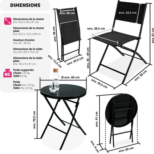 Ensemble Table Et Chaises De Jardin Bistrot Noir  45.5 X 58 X 81 Cm