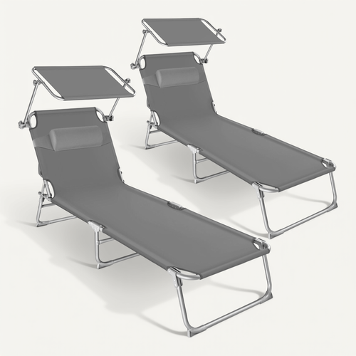 Lot De 2 Transats En Acier Pliant Avec Pare-soleil Et Appuie-tête Amovible