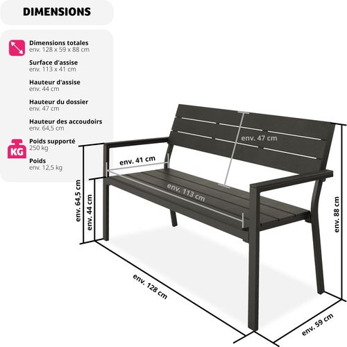 Banc De Jardin 2 Places Aluminium Résistant Intempéries Gris Foncé