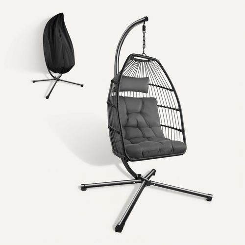 Fauteuil Suspendu Gris Foncé Acier Pliable Pivotant Coussin Extra épais 160kg 98x107x202cm