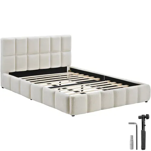 Lit Rembourré Avec Sommier à Lattes Teddy Crème Matelassage à Caissons 180x200 c Charge 250kg
