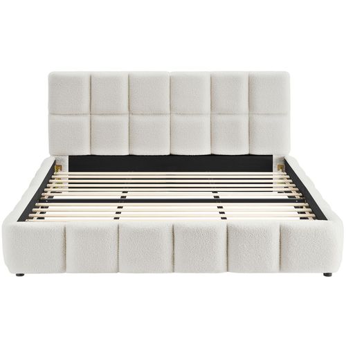 Lit Rembourré Avec Sommier à Lattes Teddy Crème Matelassage à Caissons 180x200 c Charge 250kg