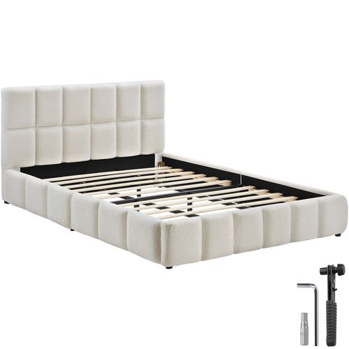Lit Rembourré Avec Sommier à Lattes Teddy Crème Matelassage à Caissons 180x200 c Charge 250kg