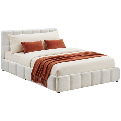 Lit Rembourré Avec Sommier à Lattes Teddy Crème Matelassage à Caissons 180x200 c Charge 250kg