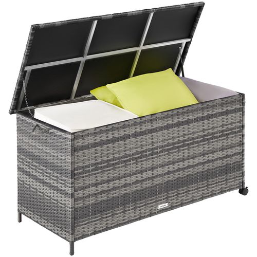 Coffre De Rangement Extérieur 253 Litres En Aluminium Polyrotin Gris 2 Roulettes Frein 116x54x64cm