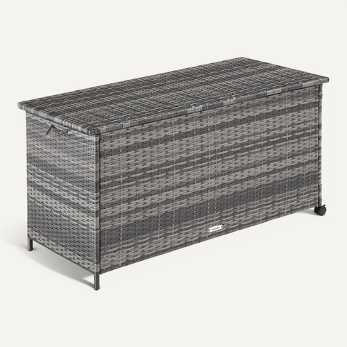 Coffre De Rangement Extérieur 253 Litres En Aluminium Polyrotin Gris 2 Roulettes Frein 116x54x64cm