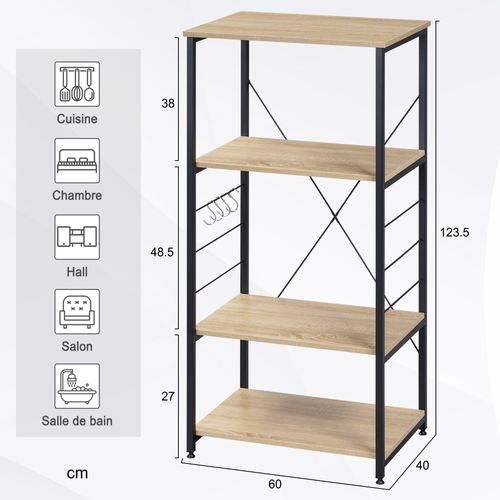 Etagère De Rangement à Micro-Ondes.Étagère Cuisine En Bois+Acier.4 Niveaux.60x40x123.5cm.Noir+Chêne