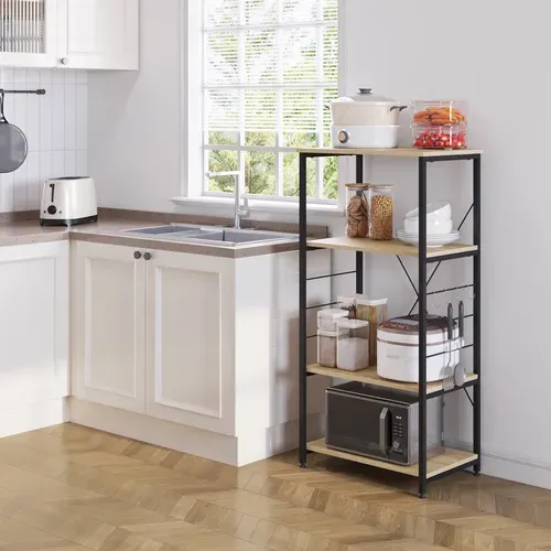 Etagère De Rangement à Micro-Ondes.Étagère Cuisine En Bois+Acier.4 Niveaux.60x40x123.5cm.Noir+Chêne
