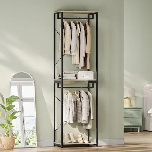 Porte-manteaux Sur Pieds En Bois Et Acier. Noir + Chêne Clair. 60x40x213 Cm