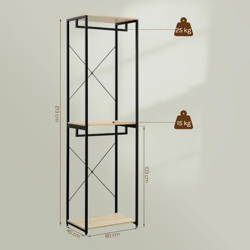 Porte-manteaux Sur Pieds En Bois Et Acier. Noir + Chêne Clair. 60x40x213 Cm